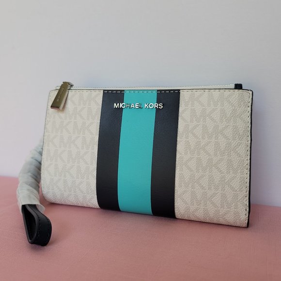 MICHAEL KORS Jet Set Double Zip Signature Phone Wristlet- Ocean Blue Multi 🎈⭐ - Picture 6 of 16